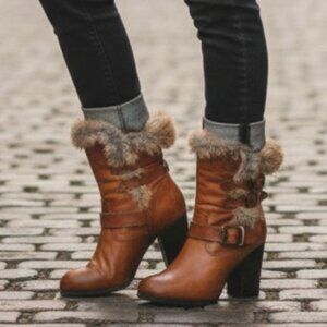 RARE Frye Penny Lux Rabbit Fur-Lined Cognac Leather Buckle Heeled Ankle Booties